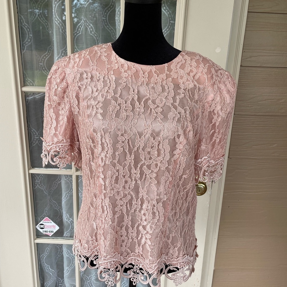 Cache by Bari Protas Lace Blouse Top Pink Size 12 VTG - Picture 2 of 5